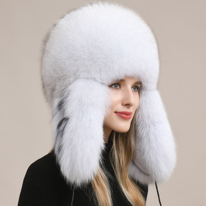 Luxury Oversized Two-Tone Real Fox Fur Pom Pom Hat Women Winter Warm Ushanka