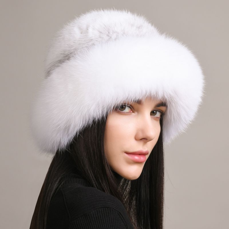 Luxury Mink Fur Hat for Women Full Fox Fur Brim Winter Bucket Hat