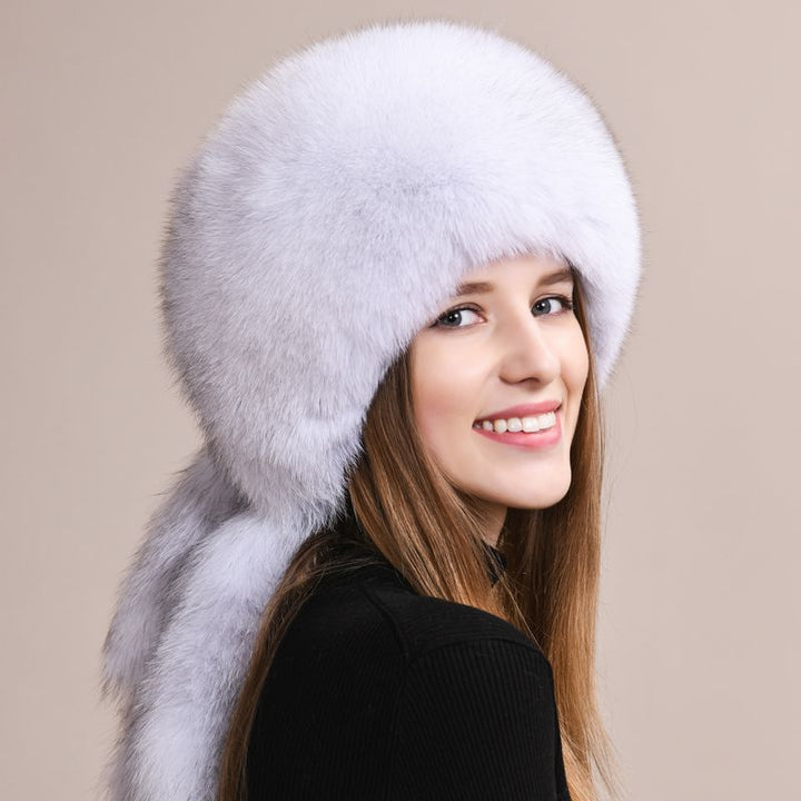 Soft Real Fox Fur Hat with Elegant Tails Women's Winter Fashion Cozy Full-Pelt Fur Beanie for Cold Weather