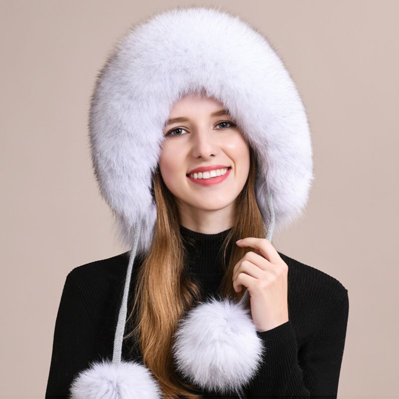 Luxury Real Fox Fur Pom Pom Hat Women Winter Knitted Trapper Hat with Full Fur Trim