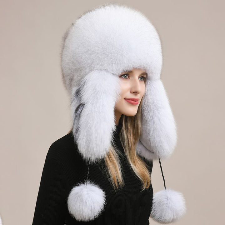 Luxury Oversized Two-Tone Real Fox Fur Pom Pom Hat Women Winter Warm Ushanka