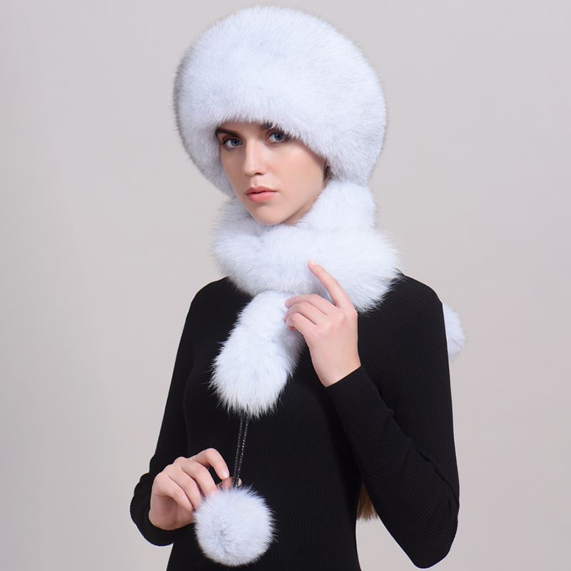 Luxury Winter Fox Fur Trapper Hat Women Pom Pom Fur Ushanka with Tail Scarf