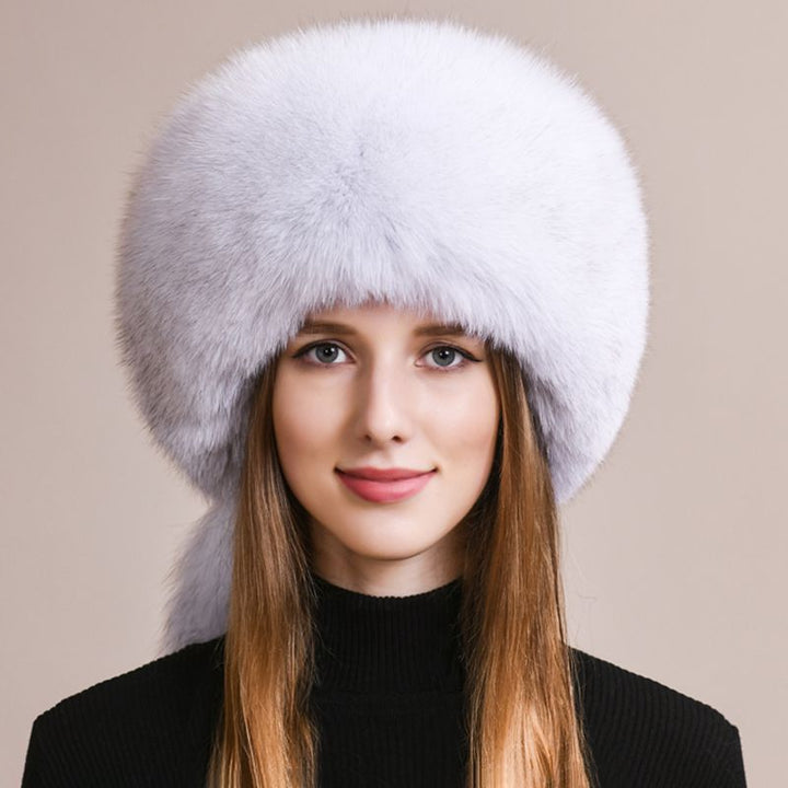 Soft Real Fox Fur Hat with Elegant Tails Women's Winter Fashion Cozy Full-Pelt Fur Beanie for Cold Weather