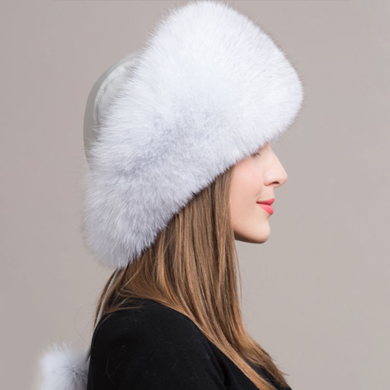 Women's Winter Fox Fur Roller Hat Sheepskin Pom Pom Fur Round Hat