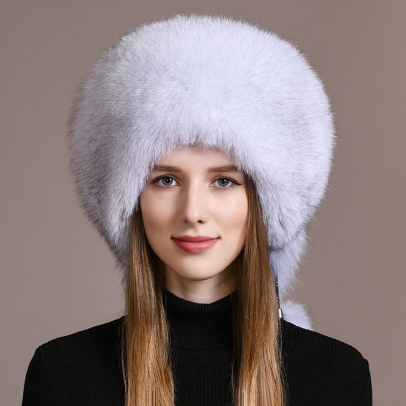 Luxury Genuine Fox Fur Hat for Women Full-Pelt Furry Fluffy Fuzzy Tail Outdoor Cold Weather Hat with Pom-Poms