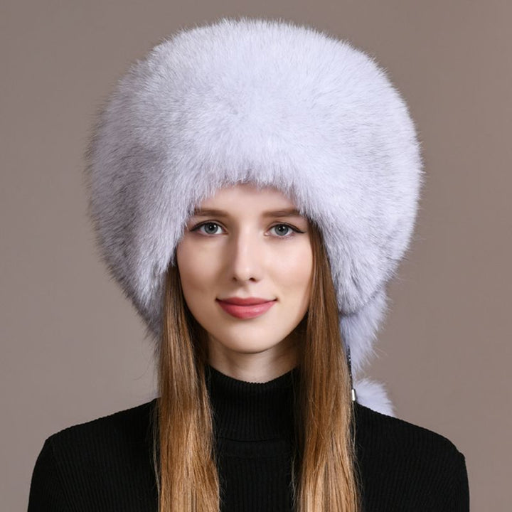 Luxury Genuine Fox Fur Hat for Women Full-Pelt Furry Fluffy Fuzzy Tail Outdoor Cold Weather Hat with Pom-Poms