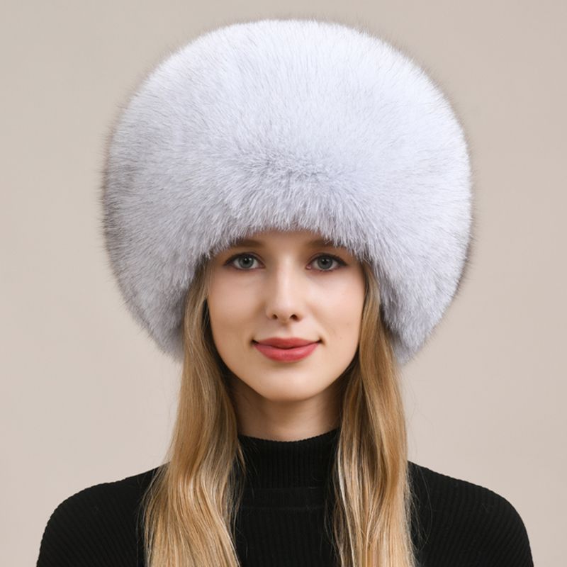 Womens Luxury Fox Fur Russian Hat Thickened Full-Pelt Winter Round Fur Hat