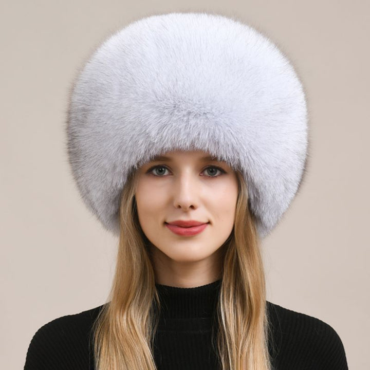Womens Luxury Fox Fur Russian Hat Thickened Full-Pelt Winter Round Fur Hat