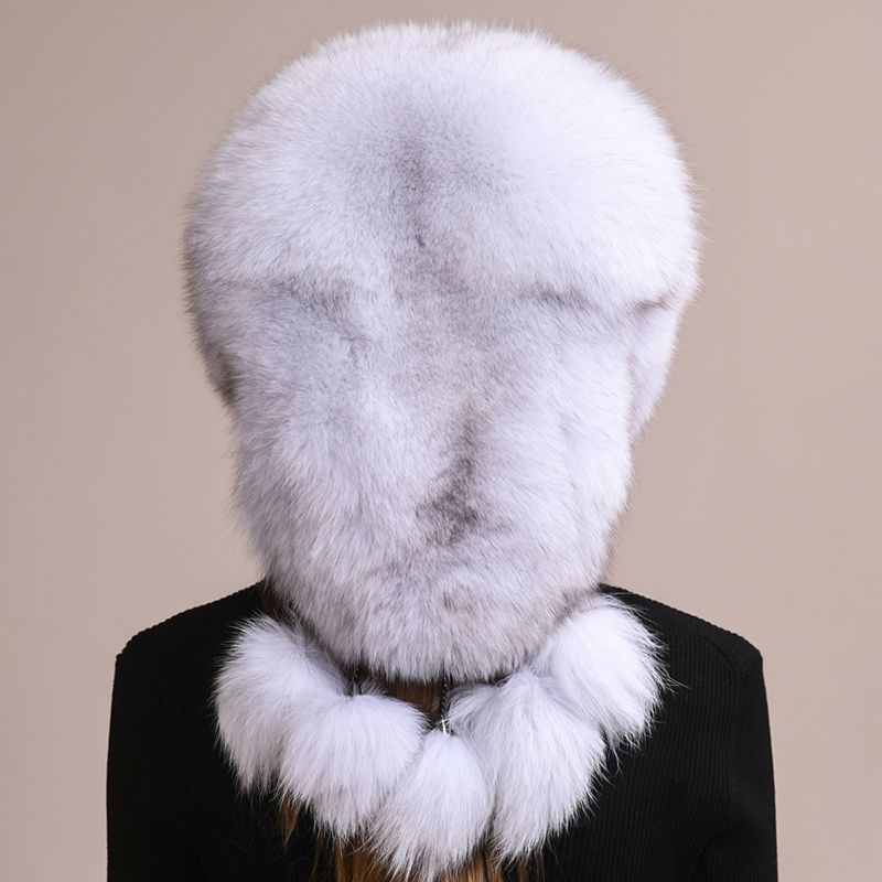 Luxury Genuine Fox Fur Hat for Women Full-Pelt Furry Fluffy Fuzzy Tail Outdoor Cold Weather Hat with Pom-Poms