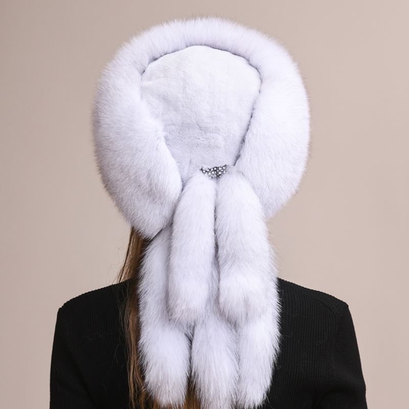 Soft Real Fox Fur Hat with Elegant Tails Women's Winter Fashion Cozy Full-Pelt Fur Beanie for Cold Weather