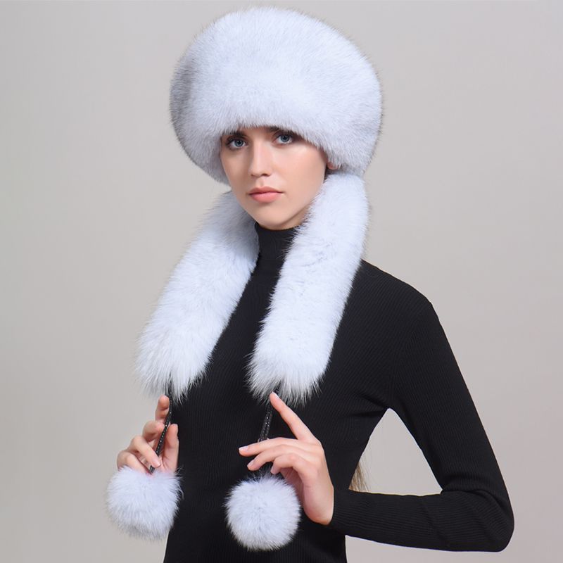 Luxury Winter Fox Fur Trapper Hat Women Pom Pom Fur Ushanka with Tail Scarf