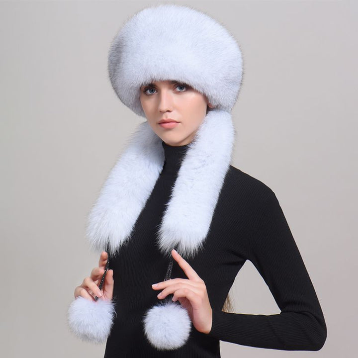 Luxury Winter Fox Fur Trapper Hat Women Pom Pom Fur Ushanka with Tail Scarf