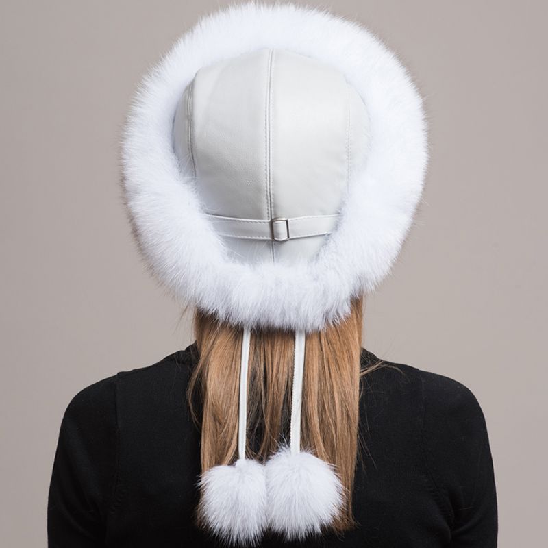 Women's Winter Fox Fur Roller Hat Sheepskin Pom Pom Fur Round Hat