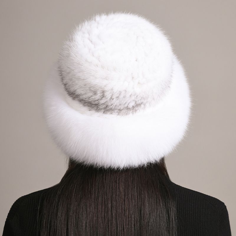 Luxury Mink Fur Hat for Women Full Fox Fur Brim Winter Bucket Hat