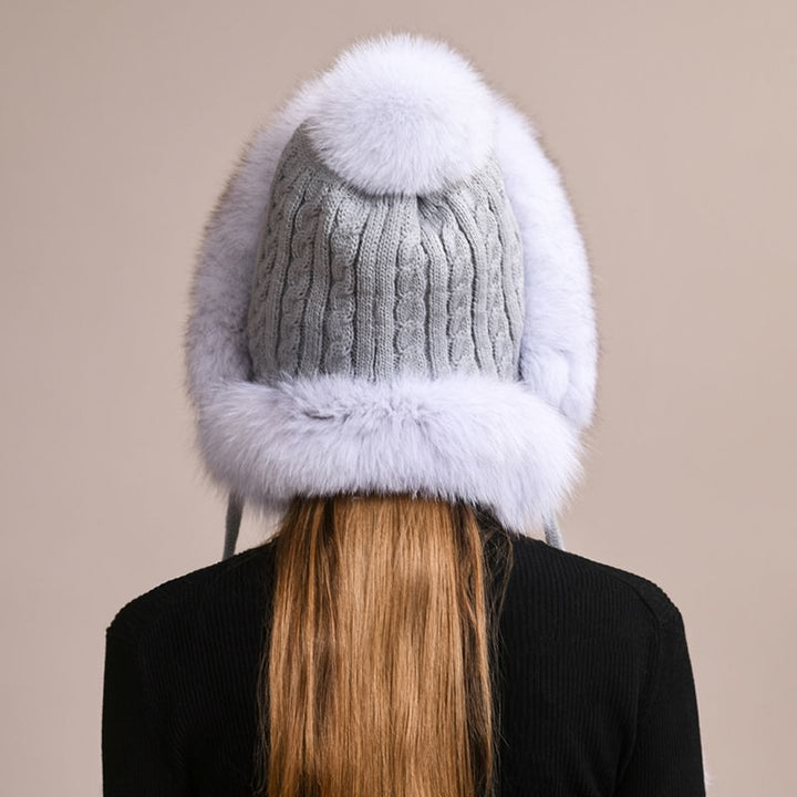 Luxury Real Fox Fur Pom Pom Hat Women Winter Knitted Trapper Hat with Full Fur Trim