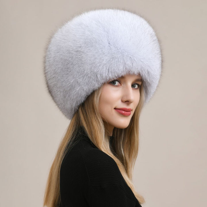 Womens Luxury Fox Fur Russian Hat Thickened Full-Pelt Winter Round Fur Hat