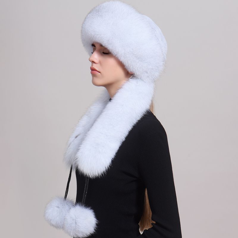 Luxury Winter Fox Fur Trapper Hat Women Pom Pom Fur Ushanka with Tail Scarf
