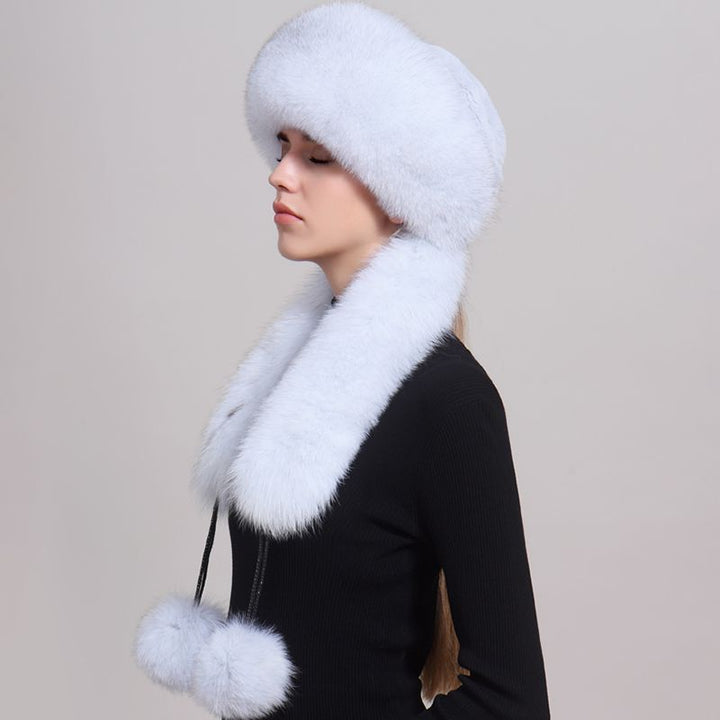 Luxury Winter Fox Fur Trapper Hat Women Pom Pom Fur Ushanka with Tail Scarf