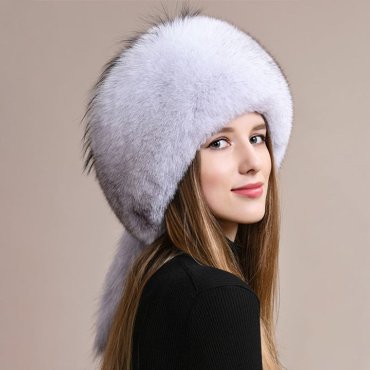 Genuine Fox Fur Hat for Women Luxury Long Tail Full-Pelt Winter Outdoor Hat