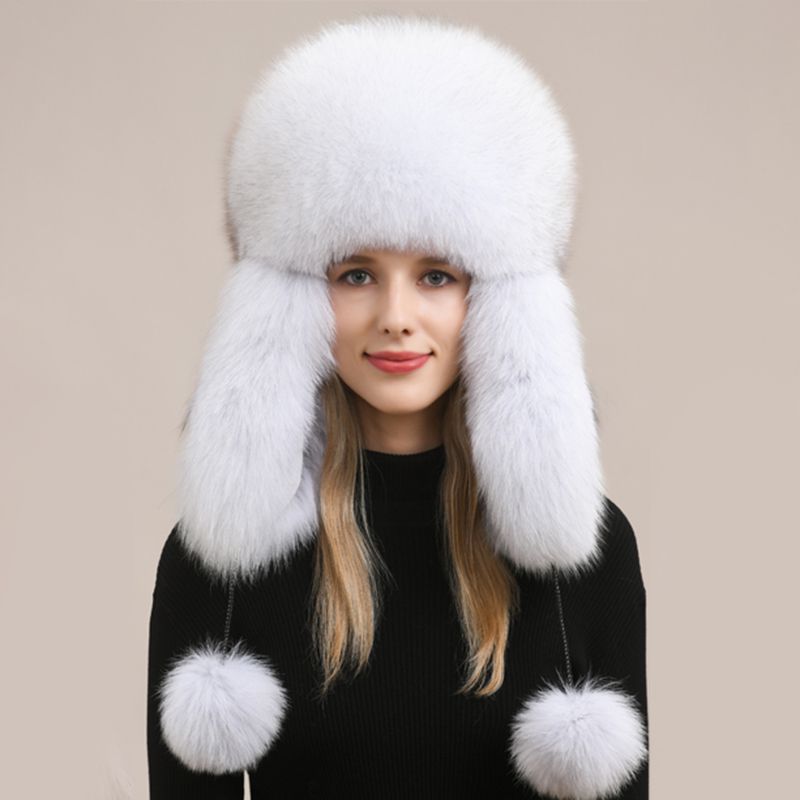 Luxury Oversized Two-Tone Real Fox Fur Pom Pom Hat Women Winter Warm Ushanka