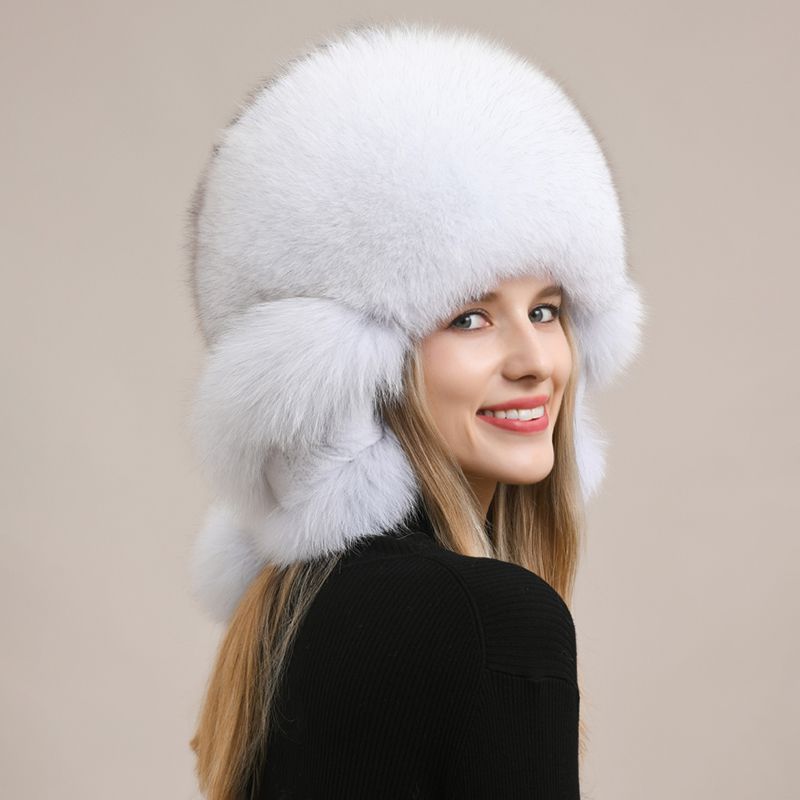 Luxury Oversized Two-Tone Real Fox Fur Pom Pom Hat Women Winter Warm Ushanka