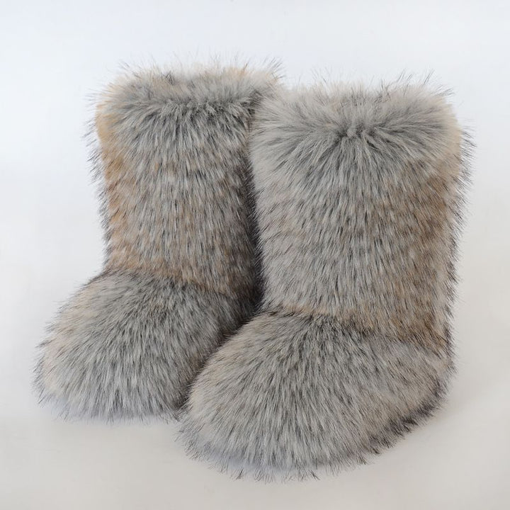 Faux Fox Wolf Leopard Animal Fur Snow Boots for Women Winter Furry Cozy Slip-On Ankle Fur Boots