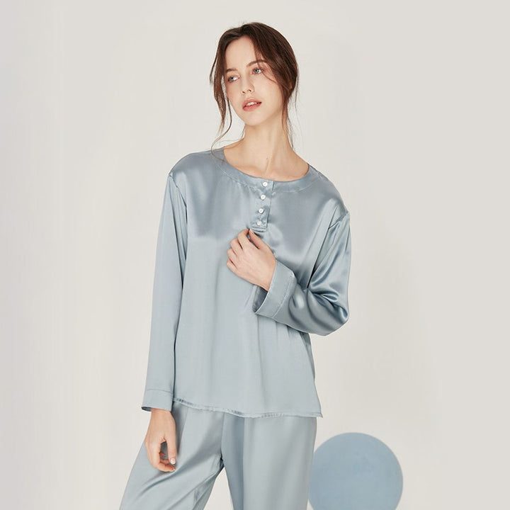 22 Momme Round Neck Long Sleeve Pullover Silk Pajama Set for Women