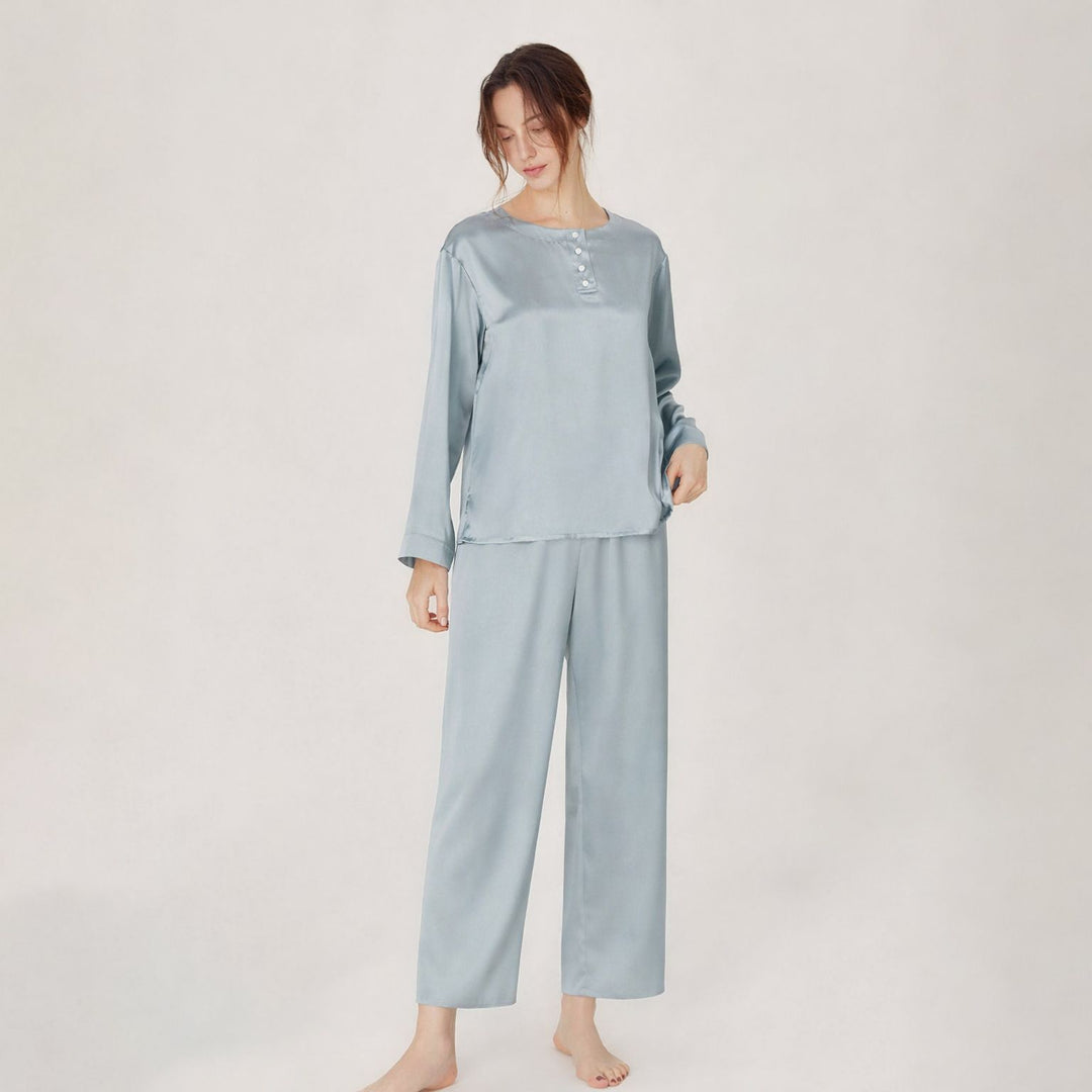 22 Momme Round Neck Long Sleeve Pullover Silk Pajama Set for Women