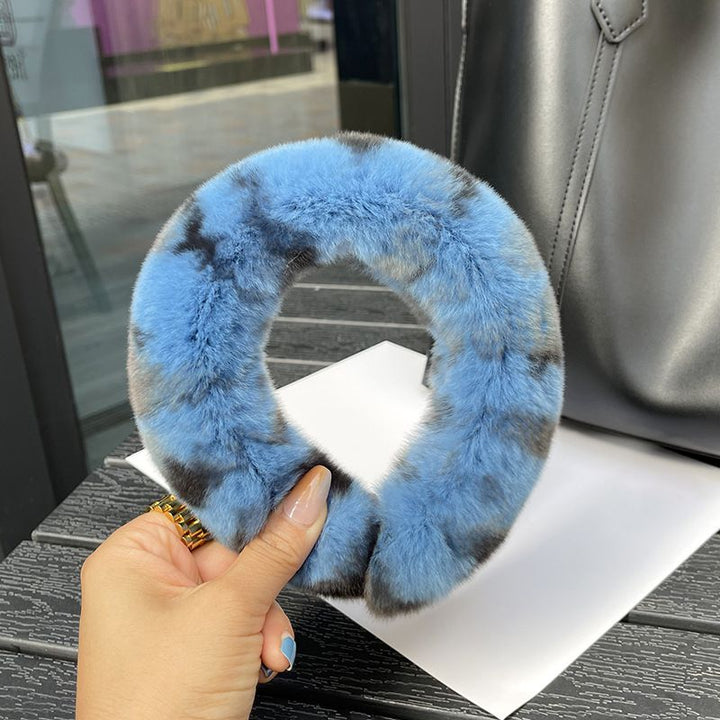 Real Rabbit Fur Headband Women's Soft Plush Leopard Print Hair Accessories