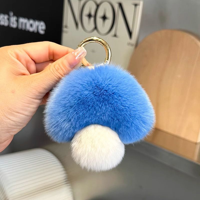 Cute Real Rex Rabbit Fur Mushroom Keychain Fluffy Plush Bag Charm
