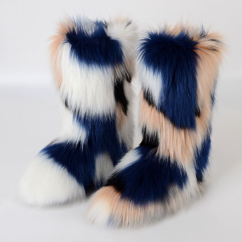 Vibrant Patchwork Faux Fur Boots Women Colorful Winter Furry Snow Boots Footwear