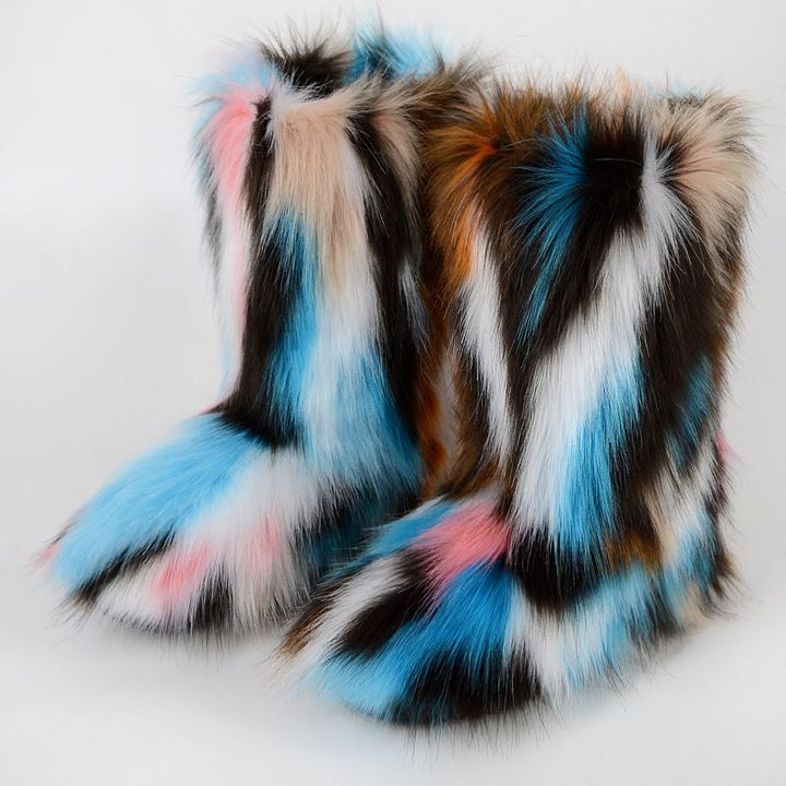 Vibrant Patchwork Faux Fur Boots Women Colorful Winter Furry Snow Boots Footwear