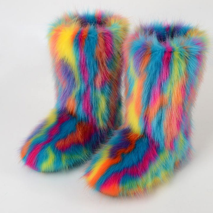 Vibrant Patchwork Faux Fur Boots Women Colorful Winter Furry Snow Boots Footwear