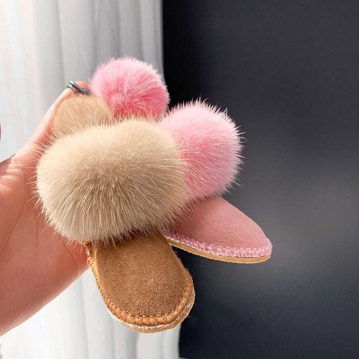 Real Mink Fur Glove & Boot Keychain Fluffy Pom Pom Bag Charm