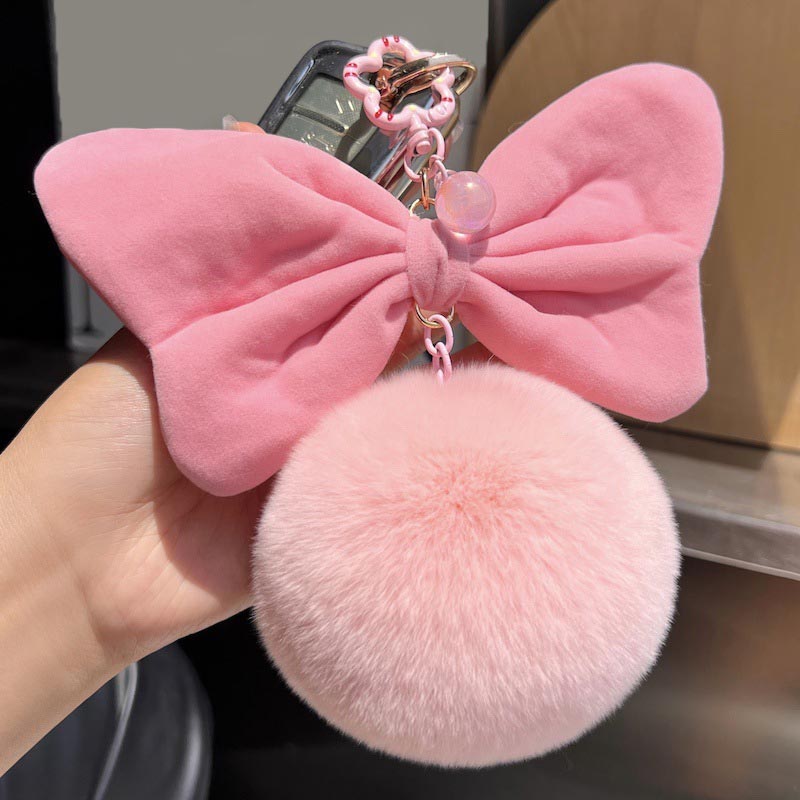 Real Rabbit Fur Fluffy Furry Pom Pom Keychain Cute Oversized Bow Key Ring Bag Charm
