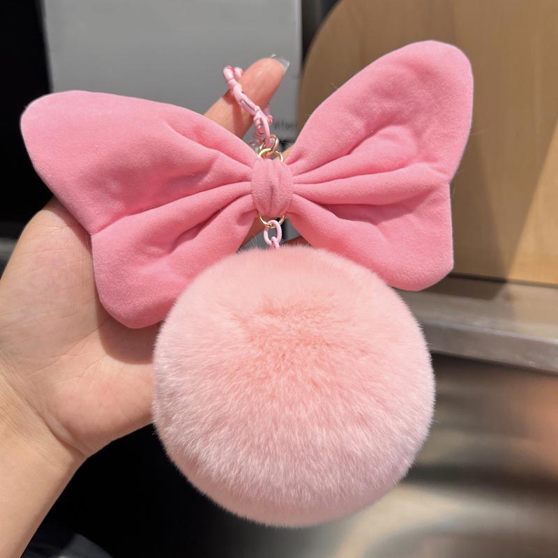 Real Rabbit Fur Fluffy Furry Pom Pom Keychain Cute Oversized Bow Key Ring Bag Charm