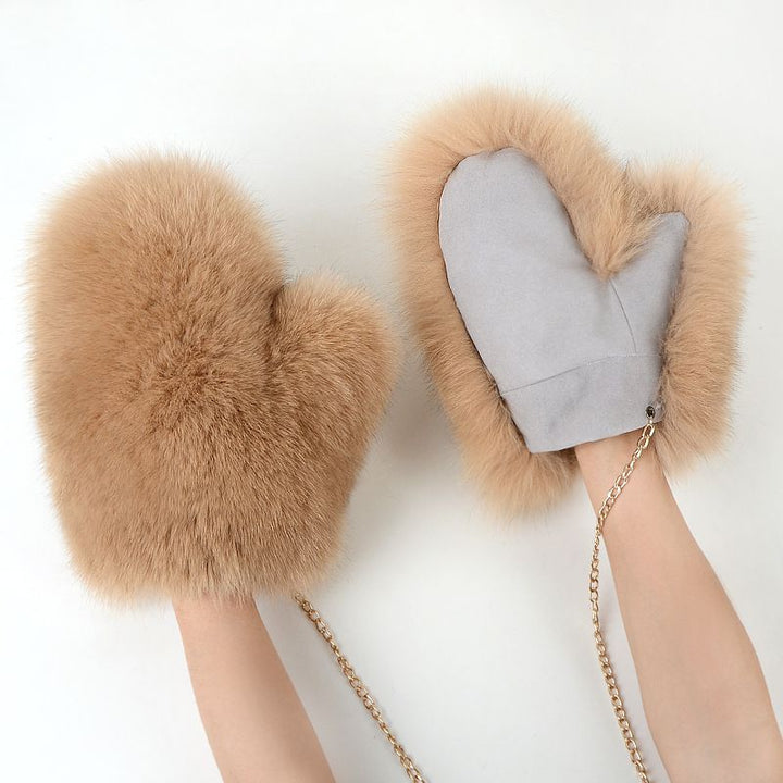 Luxury Real Fox Fur Mittens with Chain Strap Warm Winter Leather Fur Gloves for Women