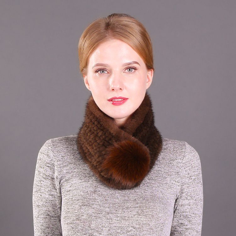 Women's Real Mink Fur Scarf with Fox Fur Pom-Pom Soft Luxury Winter Neck Warmer Lightweight & Elegant Collar Wrap