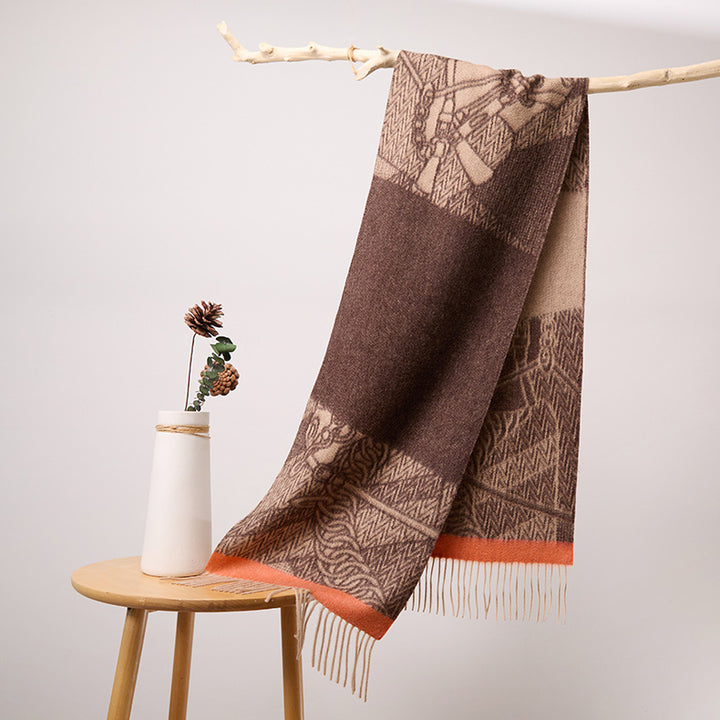 Women's Long Jacquard Cashmere Scarf with Elegant Tassels