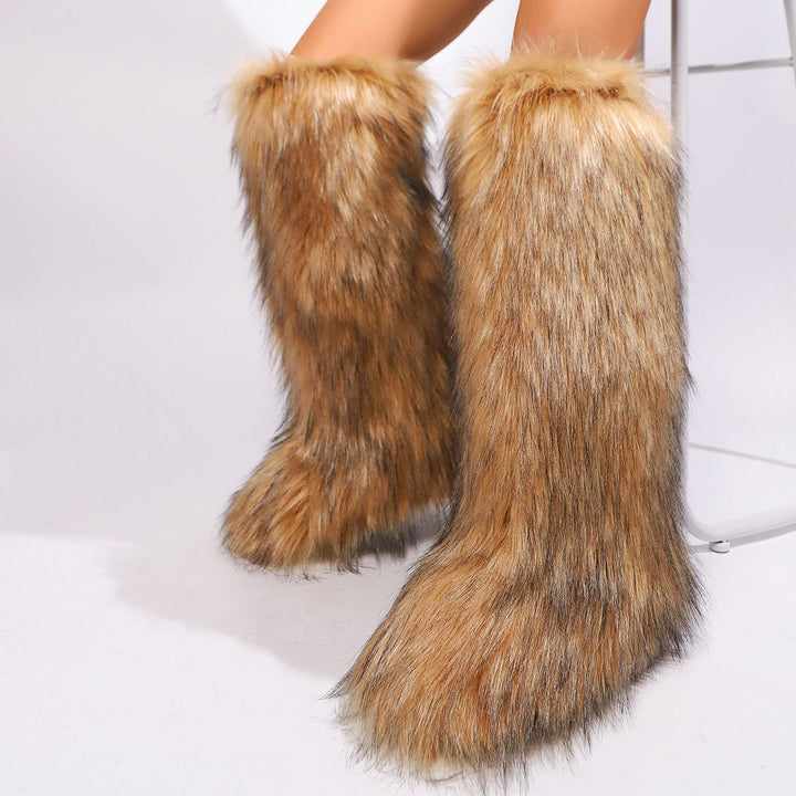 Womens Faux Fur Boot Winter Fluffy Long Furry Boots for Girls Outdoor Fuzzy Knee-High Boots