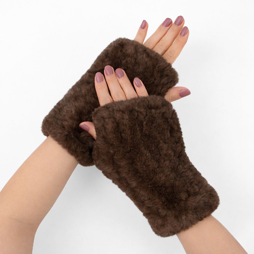 Women’s Real Rabbit Fur Fingerless Gloves Soft Plush Winter Knitted Mittens