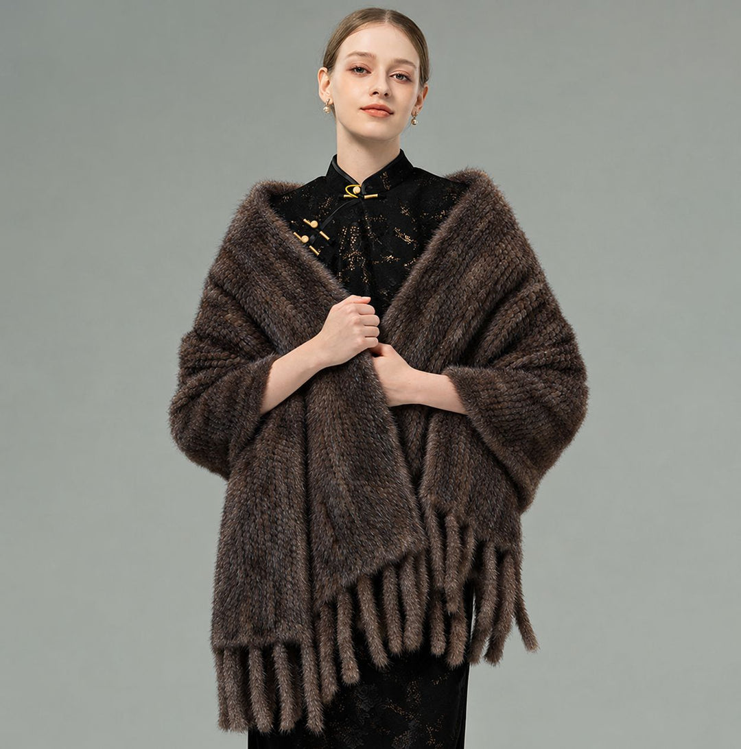 Genuine Mink Fur Shawl Wrap Elegant Fur Stole Cape Scarf with Fringe