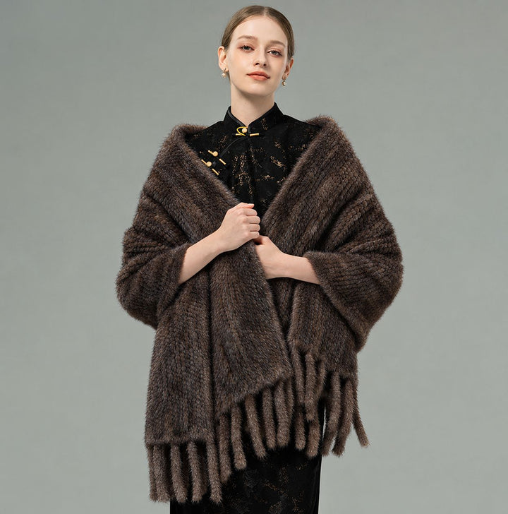 Genuine Mink Fur Shawl Wrap Elegant Fur Stole Cape Scarf with Fringe