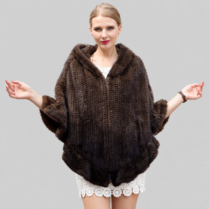 Genuine Mink Fur Zip Front Poncho with Hood Oversized Fur Cape Shawl Wrap