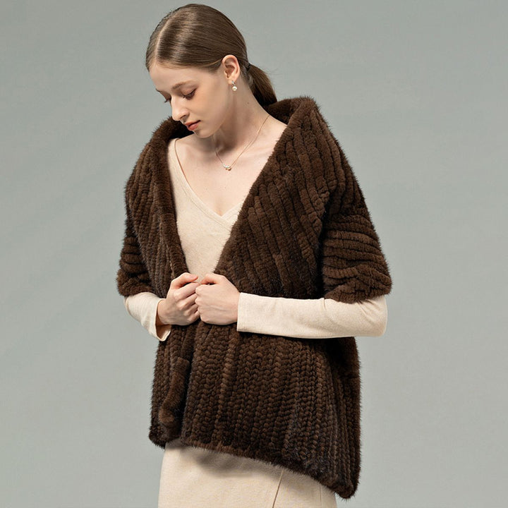 Women’s Real Mink Fur Shawl Genuine Knitted Mink Fur Wrap Stole Shoulder Cape