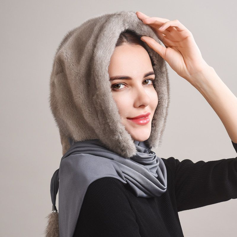 Luxury Real Mink Fur Hooded Hat with Scarf Elegant Winter Fur Hood for Women