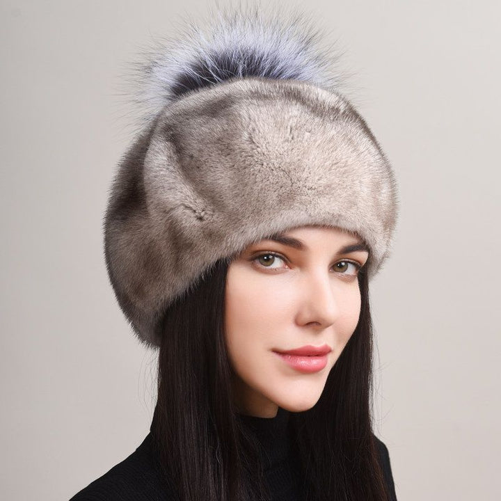Luxury Real Mink Fur Beanie Hat with Fox Fur Pom-Pom Women's Elegant Warm Winter Hat