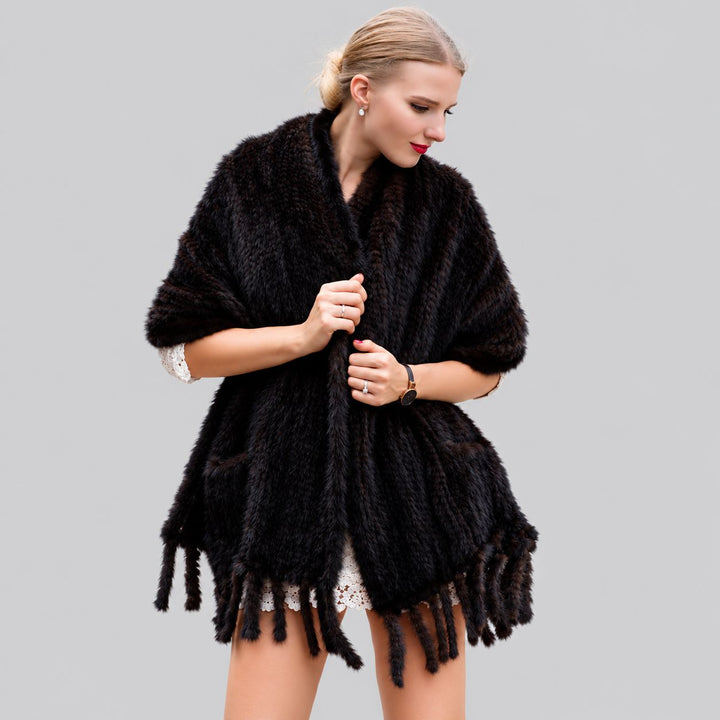 Women’s Real Mink Fur Cape Shawl with Fringe Genuine Mink Fur Wrap with Pockets