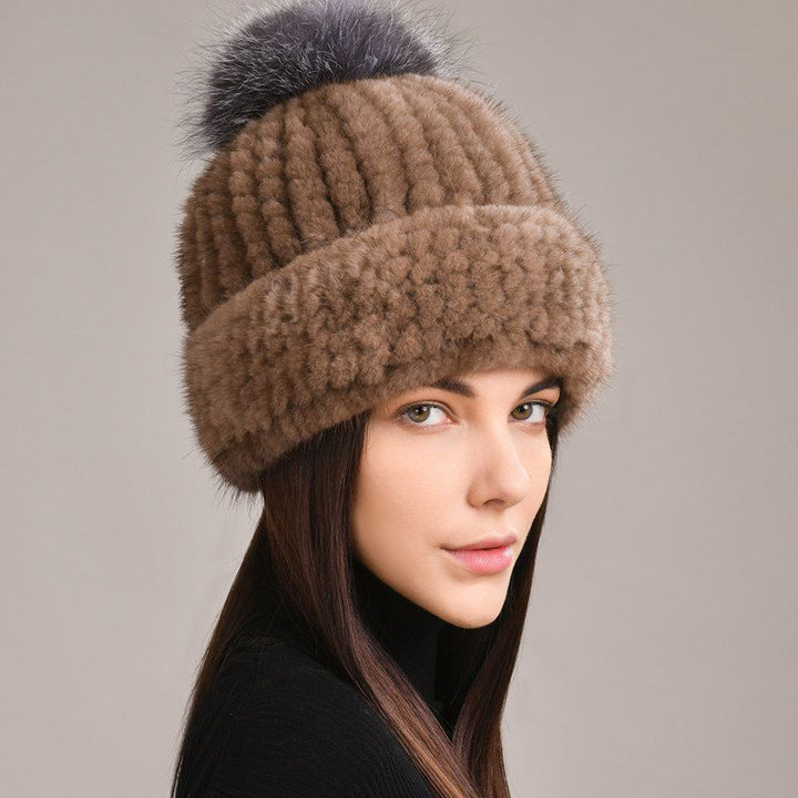 Luxury Real Mink Fur Beanie Hat with Fox Fur Pom-Pom Elegant Winter Knitted Hat for Women