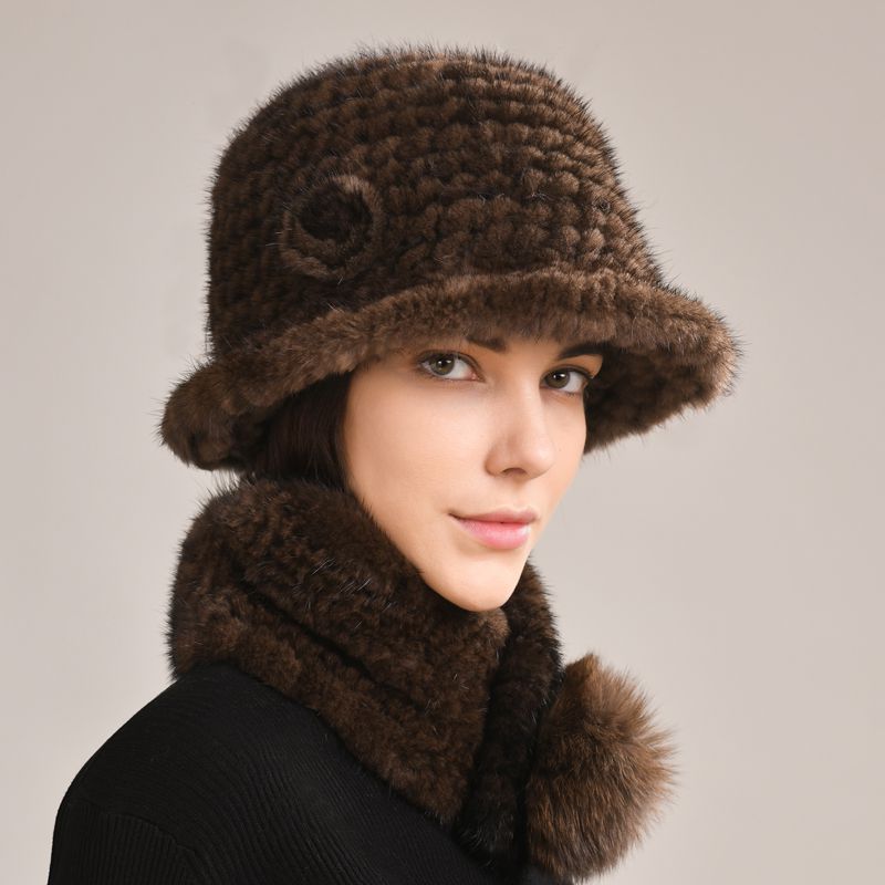 Luxury Mink Fur Hat and Scarf Set for Women Elegant Winter Bucket Hat with Matching Fur Neck Pom-Pom Warmer